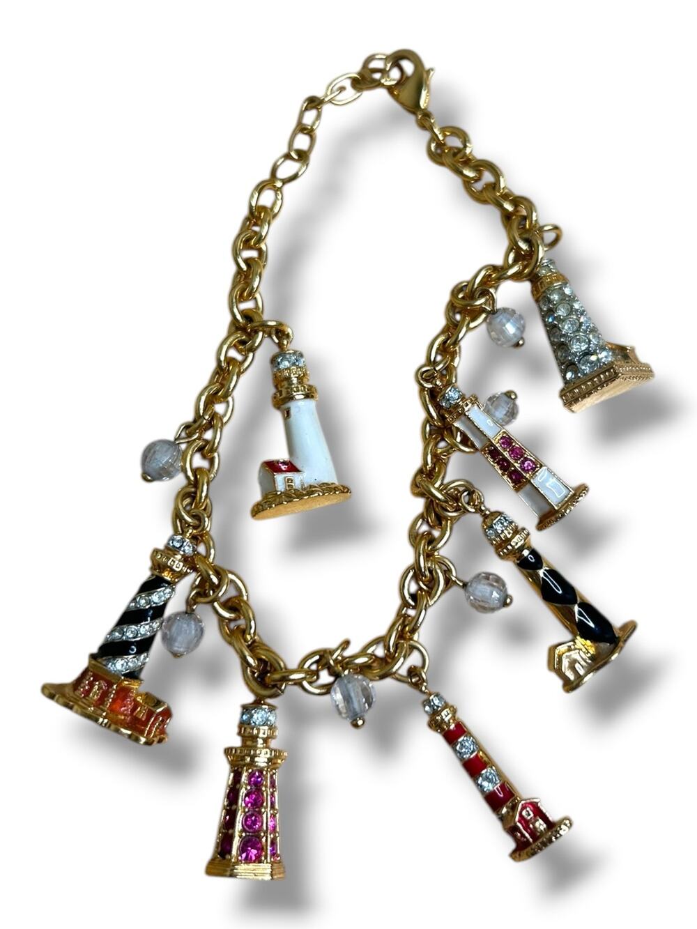 Bradford Exchange Guiding Lights Enamel Lighthouses Charm Bracelet Gold Tone